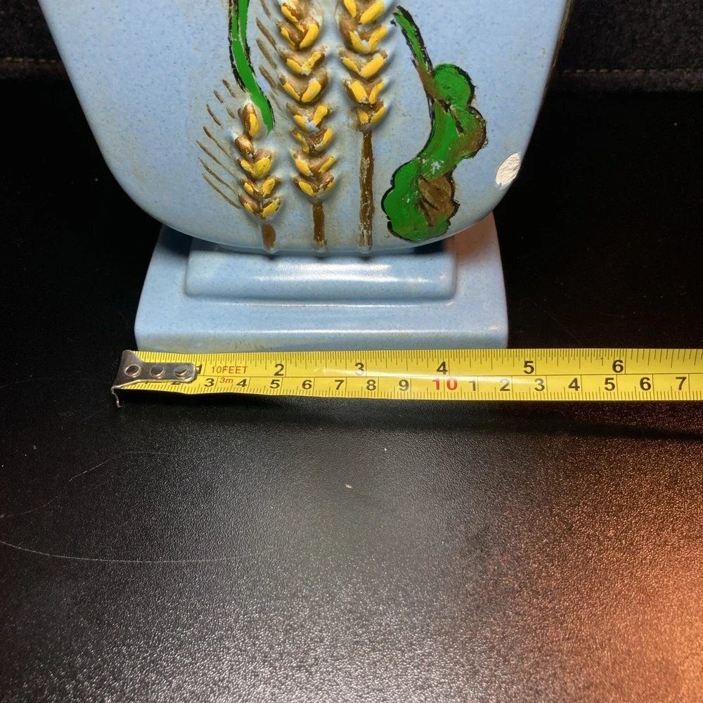 Vintage 1950 Hand Painted Blue Pottery Vase Floral Wheat Motif Mid Century Decor